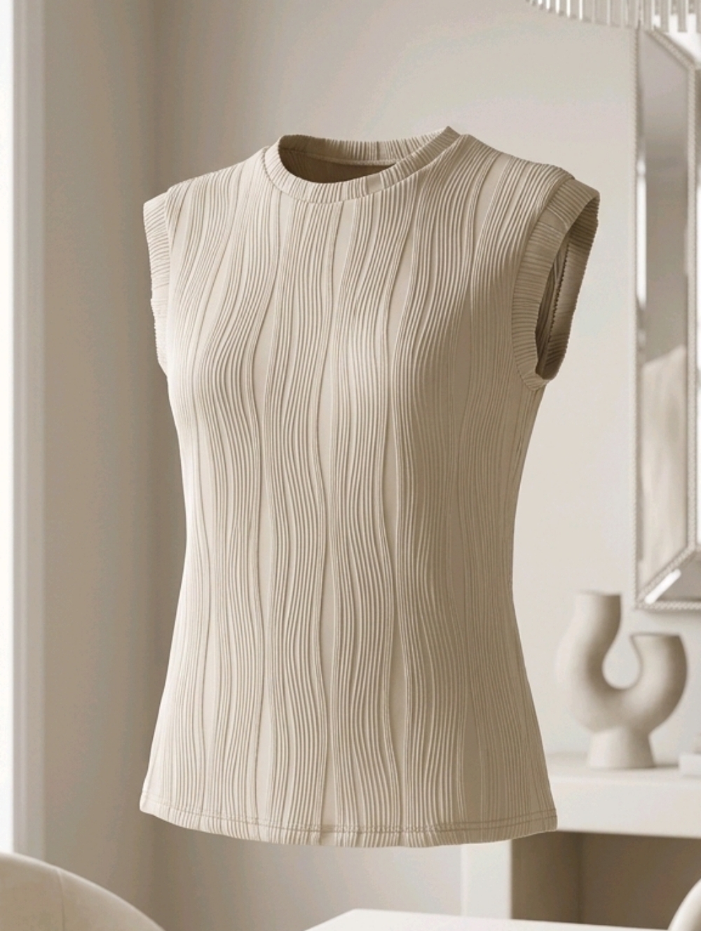 Wavy Sleeveless Textured Crewneck Top Shell - Cream Beige Tan Size M